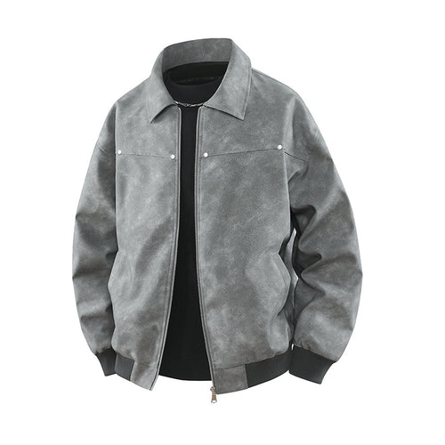 Herren Vintage-inspirierte Veloursleder-Optik Bomberjacke mit Hemdkragen & Rippbund Drune
