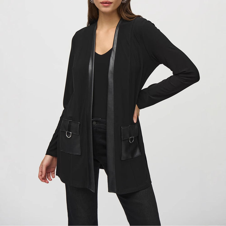 Damen nan offener Jersey-Cardigan mit Lederimitat-Besatz und D-Ring-Taschen Drune