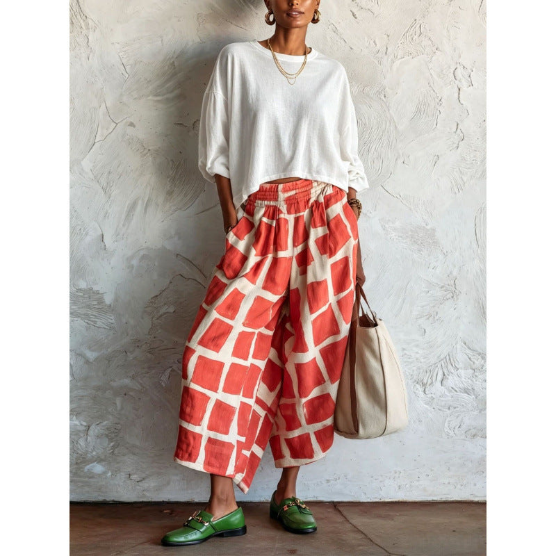 Damen Gemusterte Culotte-Palazzohose mit weitem Bein, elastischem Bund und Eingrifftaschen Drune