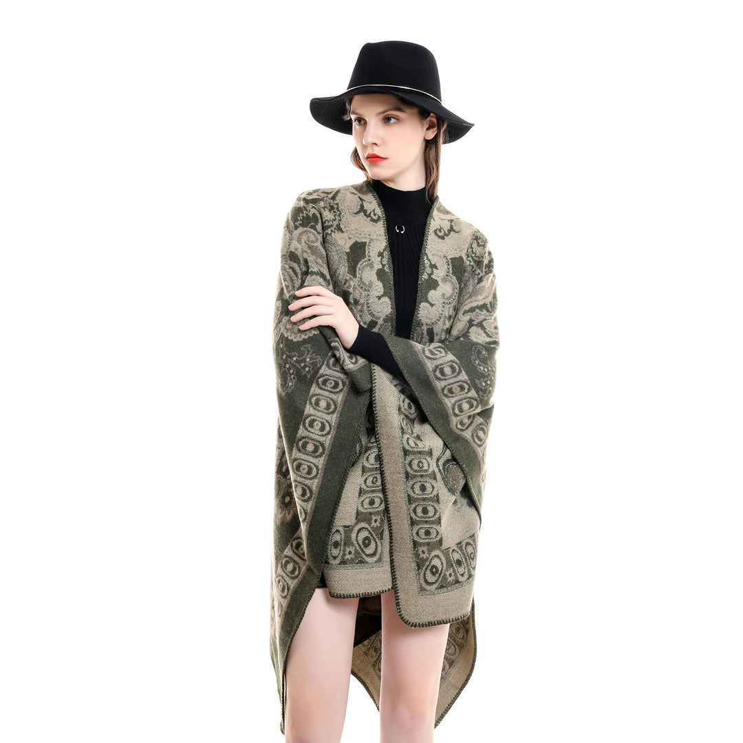 Damen Jacquard-gewebte Oversize-Ruana mit Ornamentik und offenem Kimono-Fall Drune