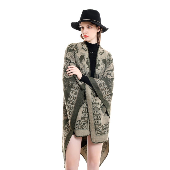 Damen Jacquard-gewebte Oversize-Ruana mit Ornamentik und offenem Kimono-Fall Drune