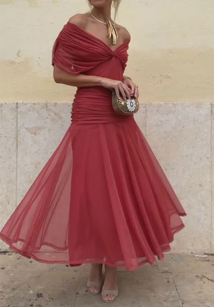Damen nan elegantes bodenlanges Abendkleid mit drapierter Schulterpartie und luftiger Chiffon-Rock Drune