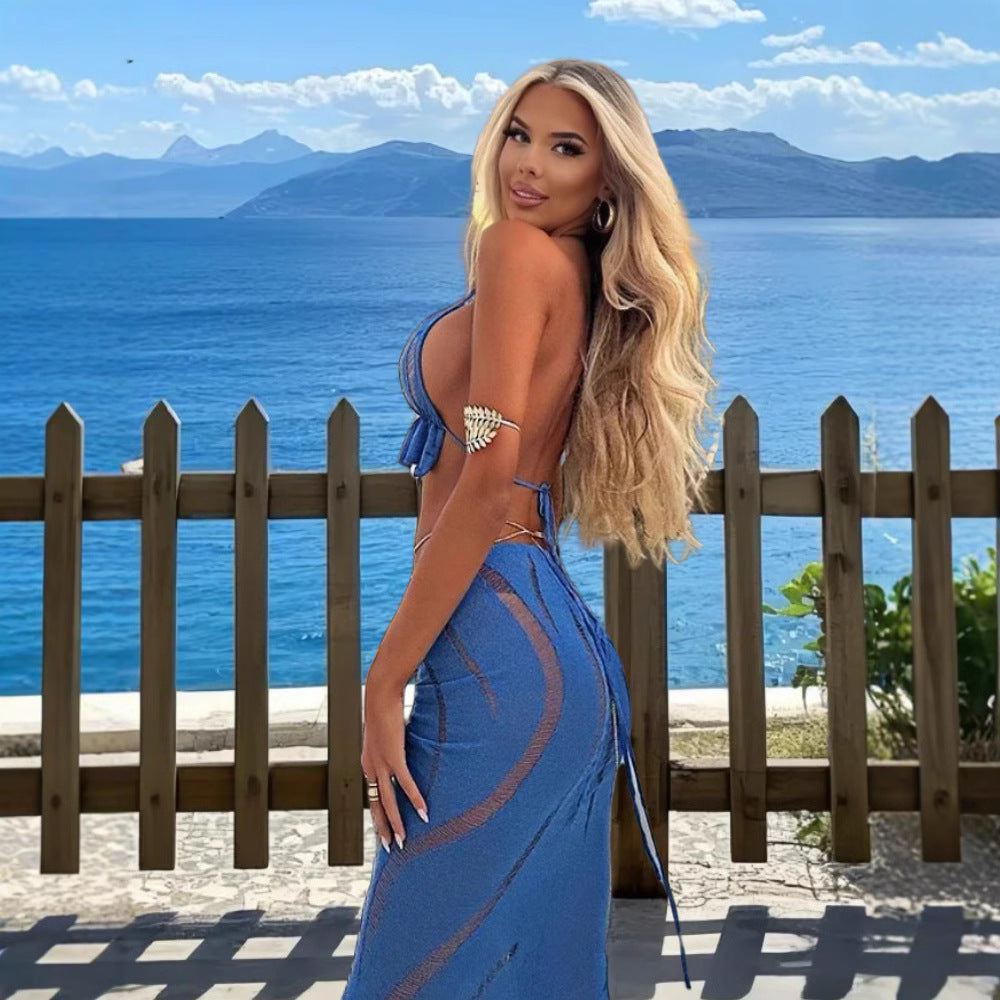 Damen Transparente Strandkleid Kombination mit Rüschen und Bindebändern Drune