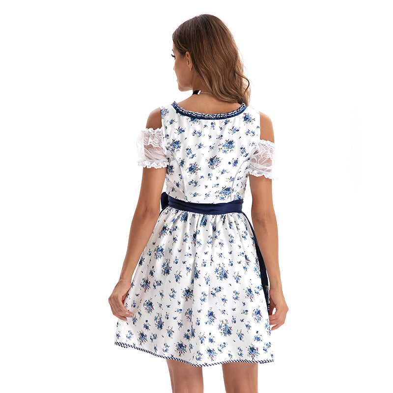 Damen nan kurzes Trachten-Dirndl mit Blumendruck, transparenten Ärmeln und taillierter Schürze Drune