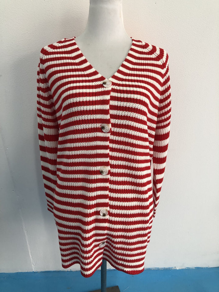 Damen gestreifte oversized Strickjacke mit V-Ausschnitt und Knopfleiste Drune