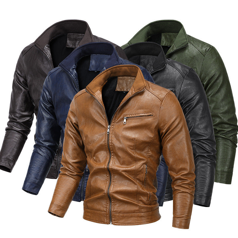 Herren Slim-Fit Kunstlederblouson mit Stehkragen und Reißverschlusstaschen Drune