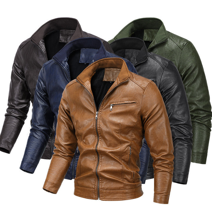 Herren Slim-Fit Kunstlederblouson mit Stehkragen und Reißverschlusstaschen Drune