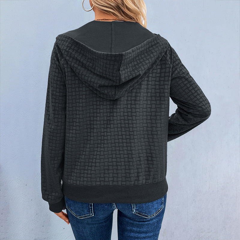 Damen Texturiertes Kapuzen-Henley-Pullover mit Knopfleiste und Kängurutasche Drune