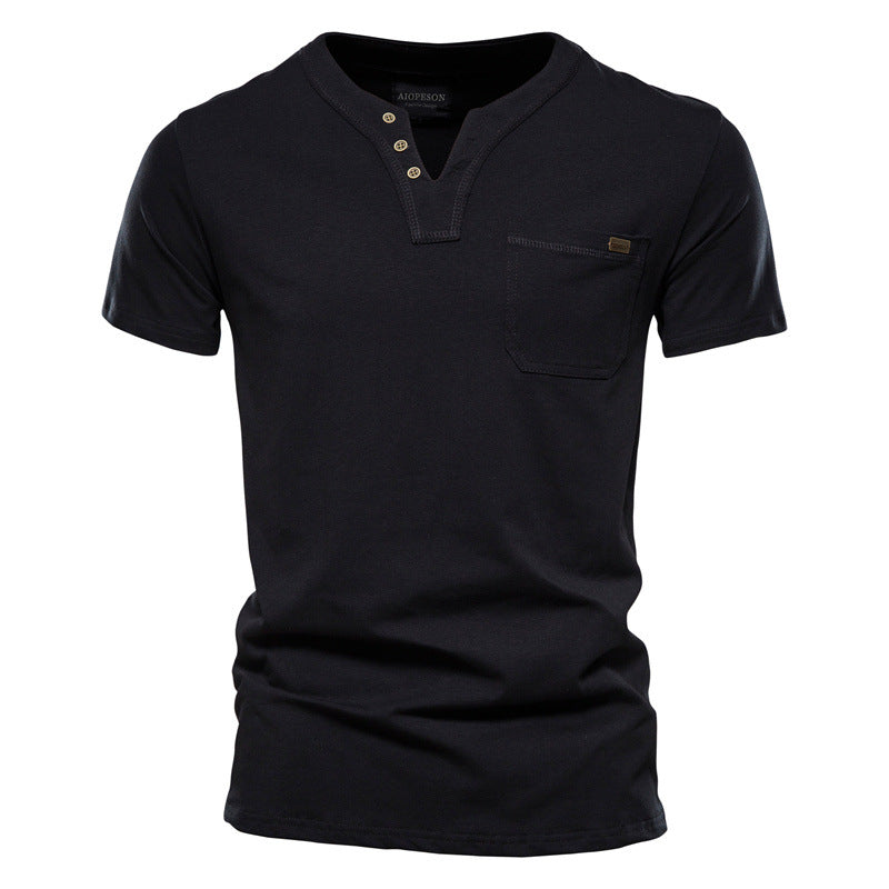 Herren V-Ausschnitt T-Shirt mit Druckknöpfen und Brusttasche Drune