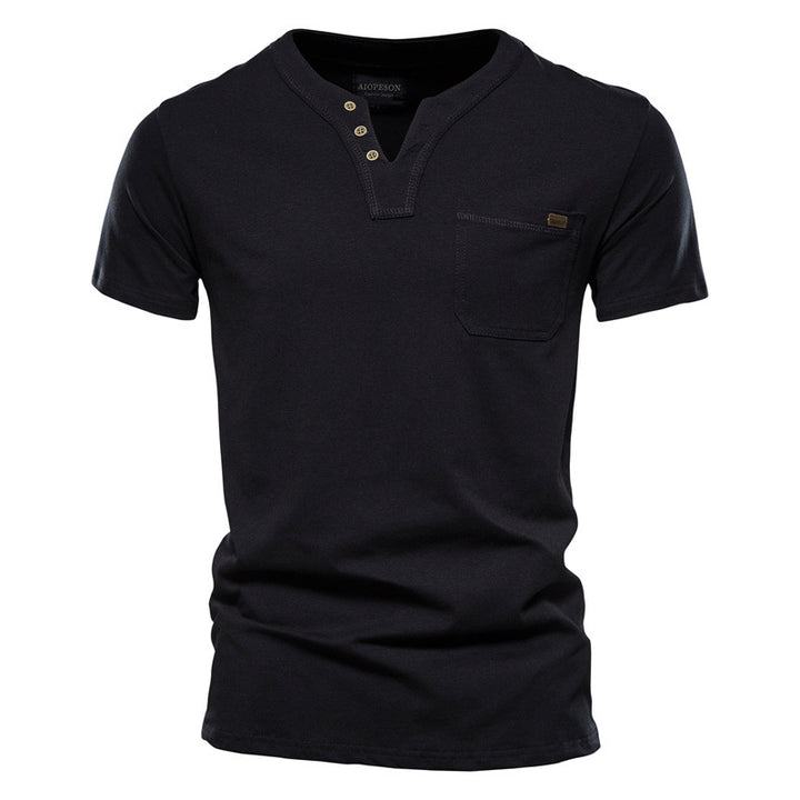 Herren V-Ausschnitt T-Shirt mit Druckknöpfen und Brusttasche Drune
