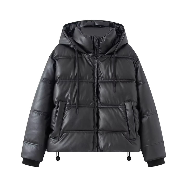 Damen Kurz gesteppte Kunstleder-Pufferjacke mit Kapuze, Tunnelzug und seitlichen Eingrifftaschen Drune