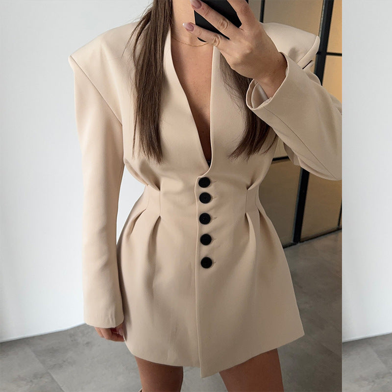 Damen trendiges Blazer-Kleid mit strukturierten Schultern und tiefem V-Ausschnitt Drune