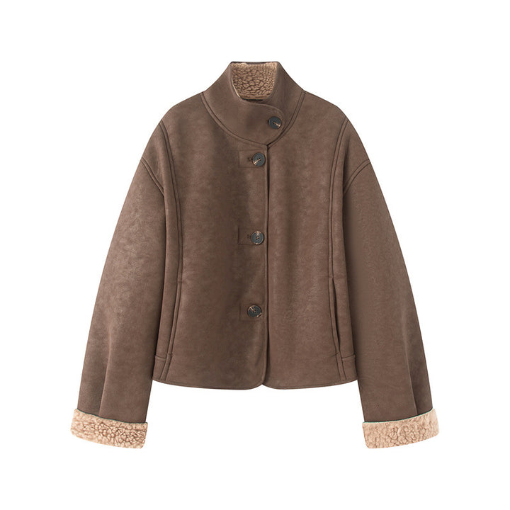 Damen nan kurze Lammfelloptik-Jacke mit hohem Stehkragen und geknöpfter Front Drune