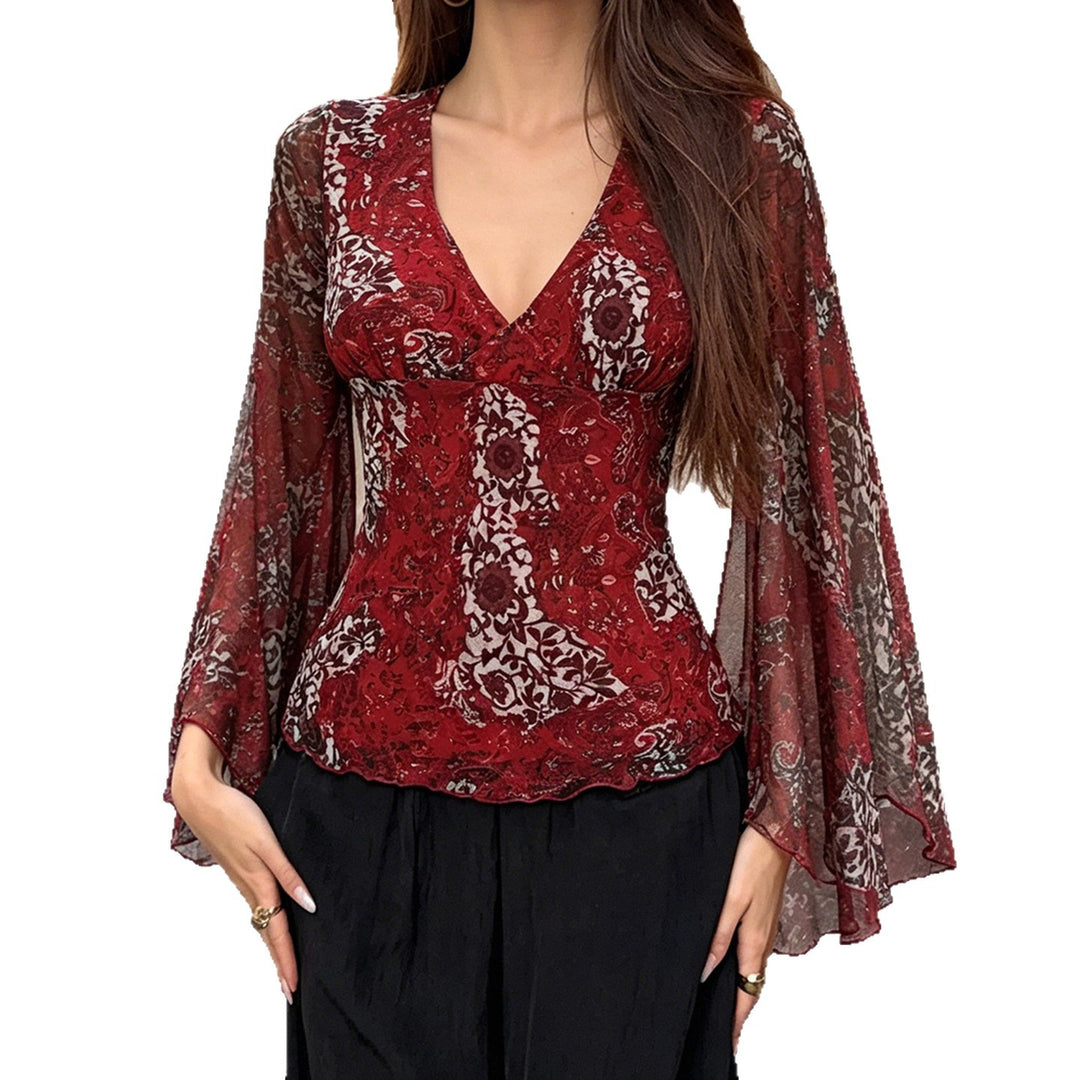 Damen Chiffonbluse mit tiefem V-Ausschnitt, ausgestellten Glockenärmeln und Paisley-Print Drune