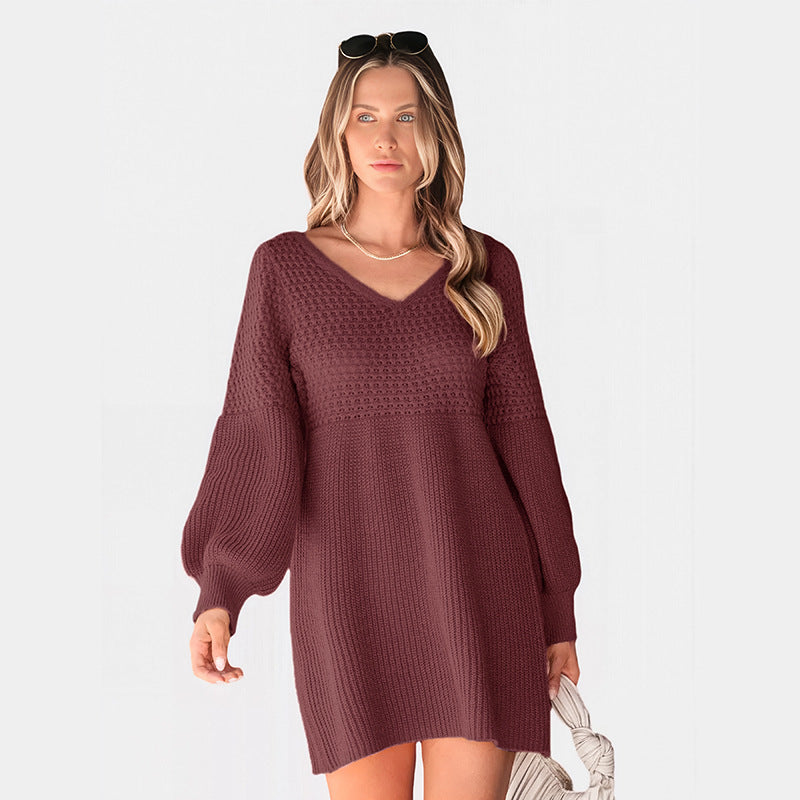 Damen Strickkleid mit V-Ausschnitt und Ballonärmeln Drune