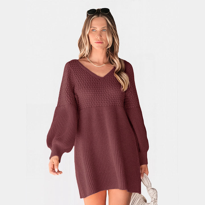 Damen Strickkleid mit V-Ausschnitt und Ballonärmeln Drune