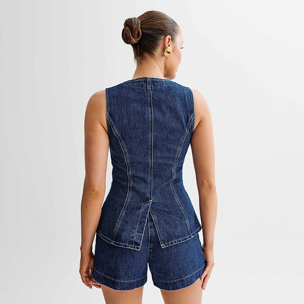Drune | Denim Slim Fit Weste Shorts Zweiteiliges Set