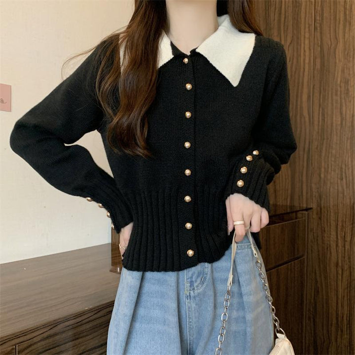 Damen Eleganter Strickpullover mit Kragen und Knopfdetails Drune