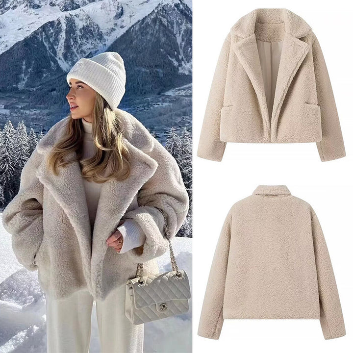 Damen Kurz geschnittene Teddyjacke im Lammfell‑Look mit Oversize‑Reverskragen Drune