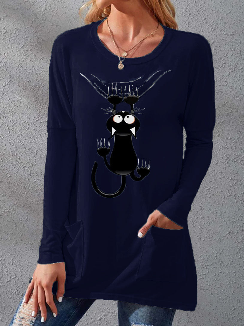 Damen Langere Baumwollmischung Tunika Shirt mit Cartoon-Katzen-Druck und Seitentaschen Drune