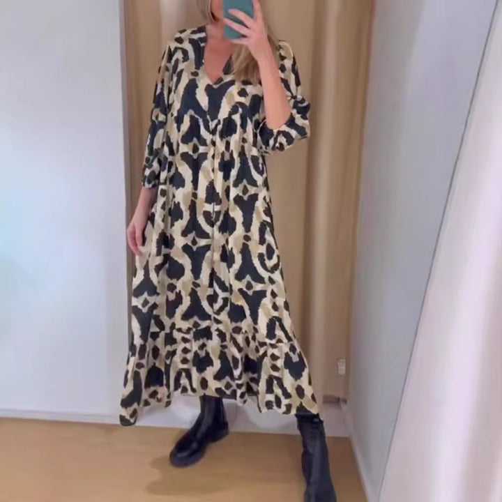 Damen nan weites Stufenmaxikleid mit V-Ausschnitt geraffter Brustpasse und Dreiviertelärmeln Drune