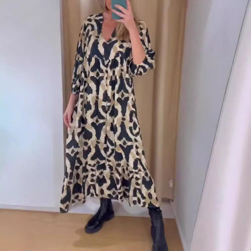 Damen nan weites Stufenmaxikleid mit V-Ausschnitt geraffter Brustpasse und Dreiviertelärmeln Drune
