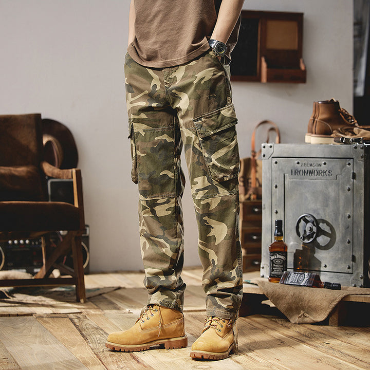 Herren Camouflage-Utility-Cargohose mit Mehrfachklappentaschen, Kniepaneelen und Kordelabschluss Drune