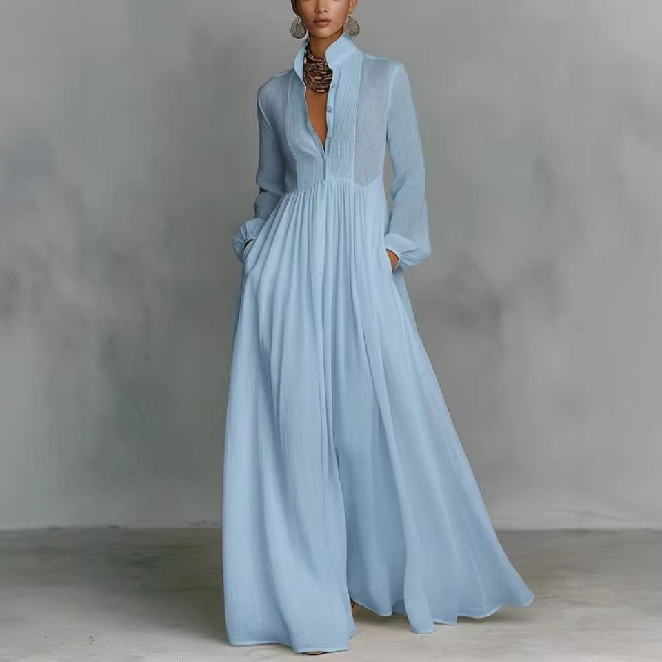 Damen Maxikleid mit Stehkragen, Knopfleiste und seitlichen Taschen Drune