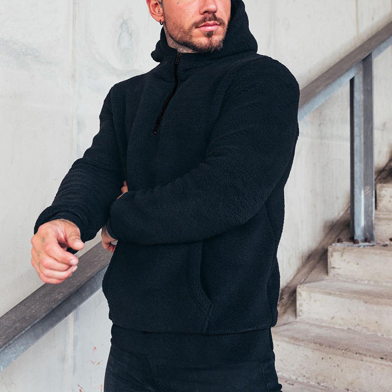 Herren kuscheliger Sherpa-Hoodie mit Kängurutasche und hohem Kragen Drune