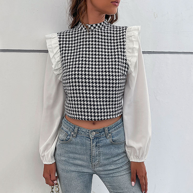 Damen Hahnentritt-Cropped-Top mit Rüschen‑Schultern und langen Chiffonärmeln Drune