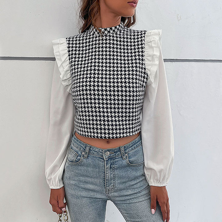 Damen Hahnentritt-Cropped-Top mit Rüschen‑Schultern und langen Chiffonärmeln Drune