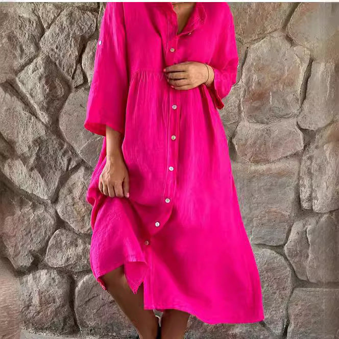 Damen Locker Midi Kleid aus Leinenmischung mit durchgehendem Knopfleiste und Seitentaschen Drune