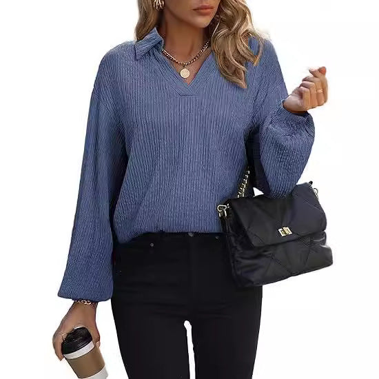 Damen Fleece-Microstruktur Pullover mit V-Ausschnitt und langen Ärmeln Drune