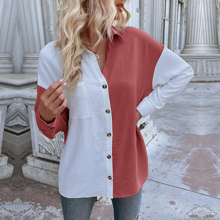 Damen Oversized-Hemdbluse mit Colour-Blocking, Brusttasche und strukturierter Viskosemischung Drune
