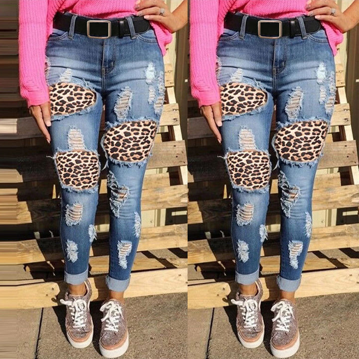 Damen skinny Jeans mit Leoparden-Patch und Vintage-Effekten Drune