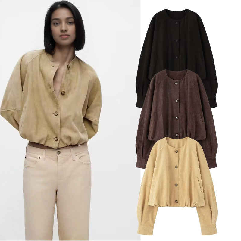 Damen Kurze Blousonjacke im Cropped-Look mit Rundhalsausschnitt und Ballonärmeln Drune
