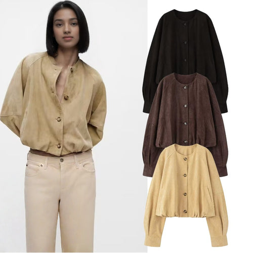 Damen Kurze Blousonjacke im Cropped-Look mit Rundhalsausschnitt und Ballonärmeln Drune