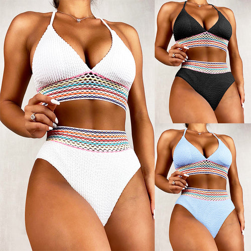 Damen Bikiniset mit hochgeschnittenem Höschen und buntem Wellenmuster Drune