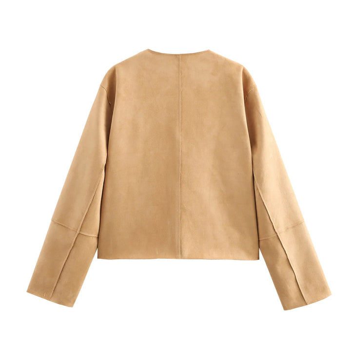 Damen nan kurze Boxy-Jacke aus weichem Wildlederimitat mit Rundhalsausschnitt und aufgesetzten Fronttaschen Drune