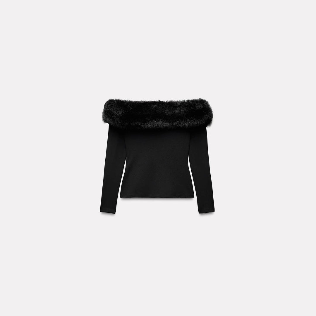 Damen Schulterfreier Langarmpullover mit weitem Faux‑Fur‑Schalkragen Drune