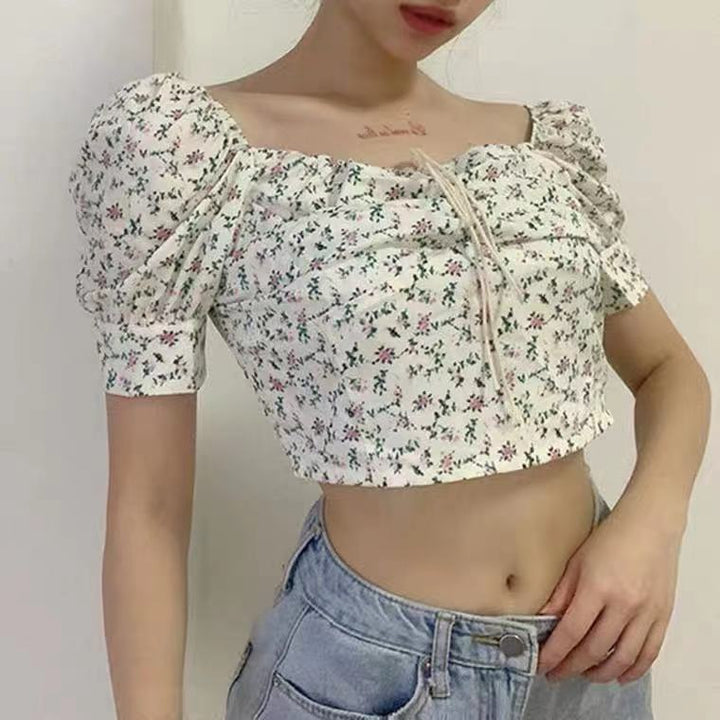 Damen Crop-Top mit Puffärmeln und floralem Design