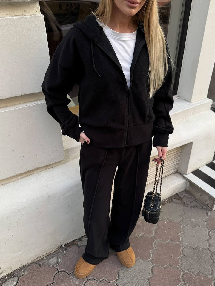 Damen Fleece-Lounge-Set mit kurzem Reißverschluss-Hoodie und taillenhoher Kordel-Jogginghose Drune