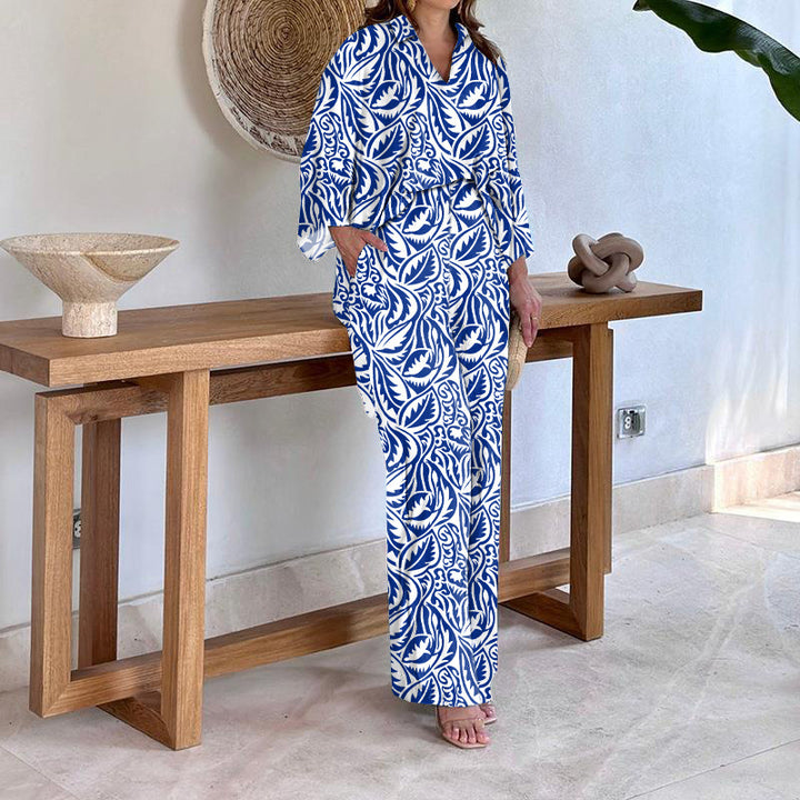 Damen Gemustertes Kimono-Lounge-Set mit weitem Palazzohose aus leichtem Viskose-Mix Drune