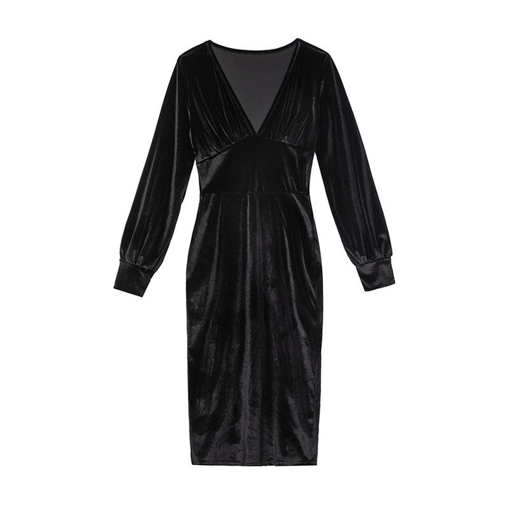 Damen Midikleid aus samtigem Stoff mit tiefem V-Ausschnitt und eleganten Puffärmeln Drune