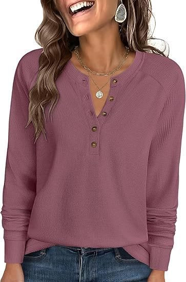 Damen Waffelstrick-Henley-Longsleeve mit Knopfleiste, Raglanärmeln und gerippten Bündchen Drune