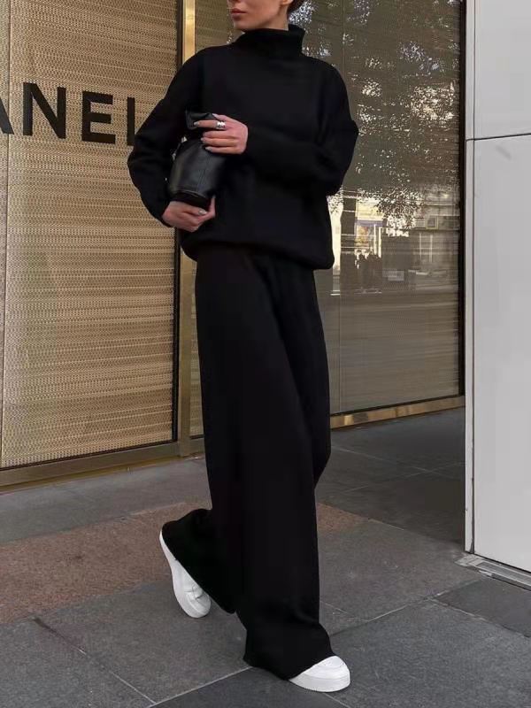 Damen Weite Strickhose mit hoher Taille, Tunnelzug und weitem Bein Drune