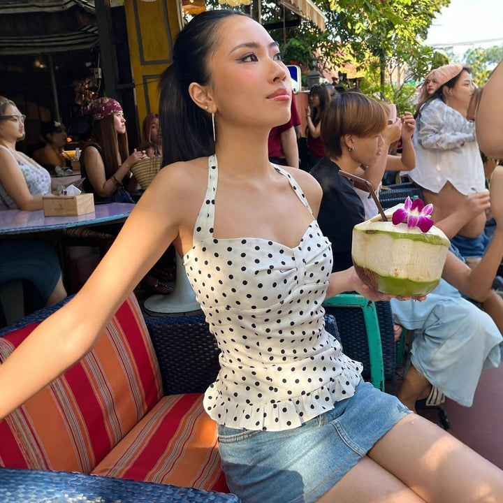 Damen Spaghetti-Träger Bluse mit attraktiven Punktmuster Drune