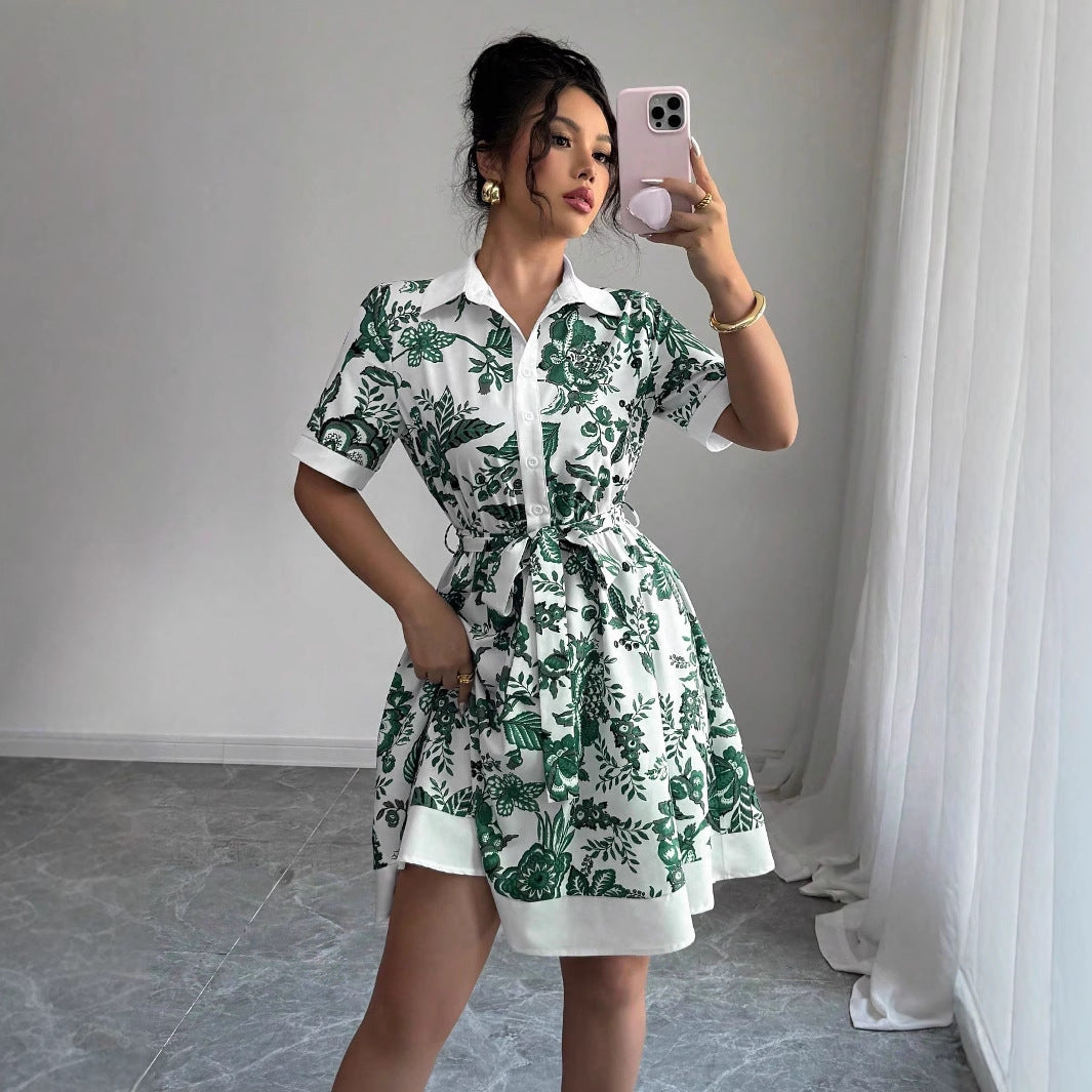 Damen Blusenkleid mit floralem Design und Taillengürtel Drune