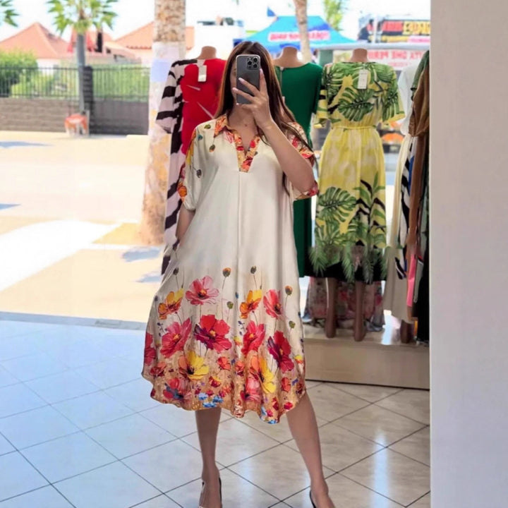 Damen nan leichtes Hemdblusenkleid mit floralem Bordürenprint, offenem V‑Ausschnitt und Einschubtaschen Drune