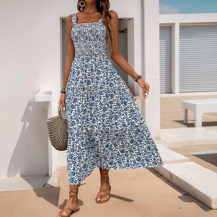 Damen Maxikleid mit floralem Muster und elastischem Taillengürtel Drune